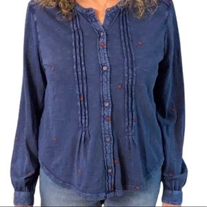 Lucky Brand Navy Blue Long Sleeve Button-Up Top with Red Dot Embroidery